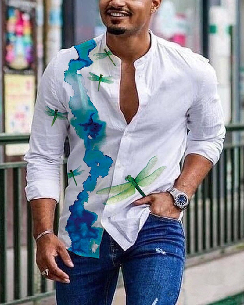 Round Neck Printed Men's Long-sleeved Shirt Cardigan