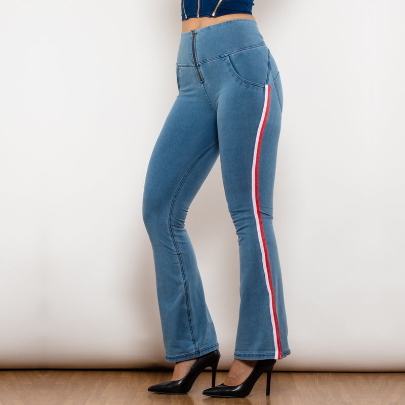 Shascullfites Melody Light Blue Flare Jeans Stretch Skinny Ripped Jeans With White&Red Stripe Side Scrunch Bum Pants