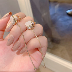 Square Drill Without Pierced Long Tassel Face Slim Earrings