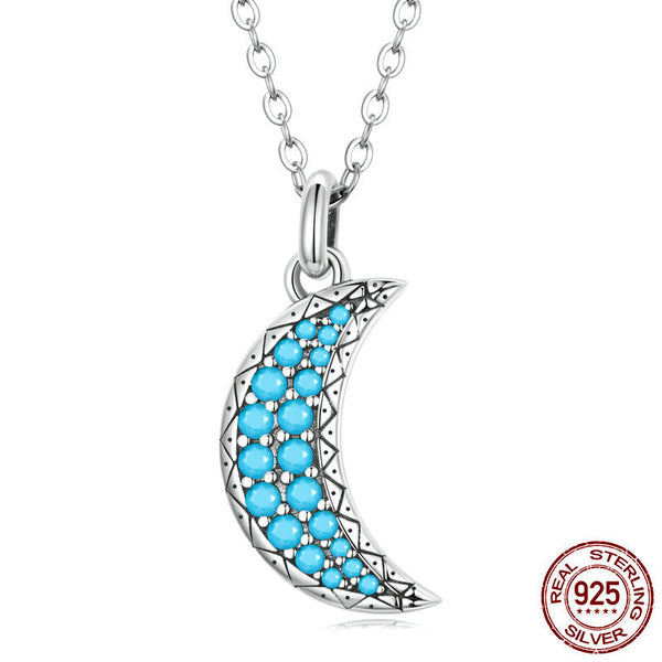 Simple Pattern Zircon Sterling Silver S925 Turquoise Moon Necklace