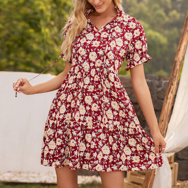 Women's Floral Printed Short Sleeve Dress With Wooden Ears