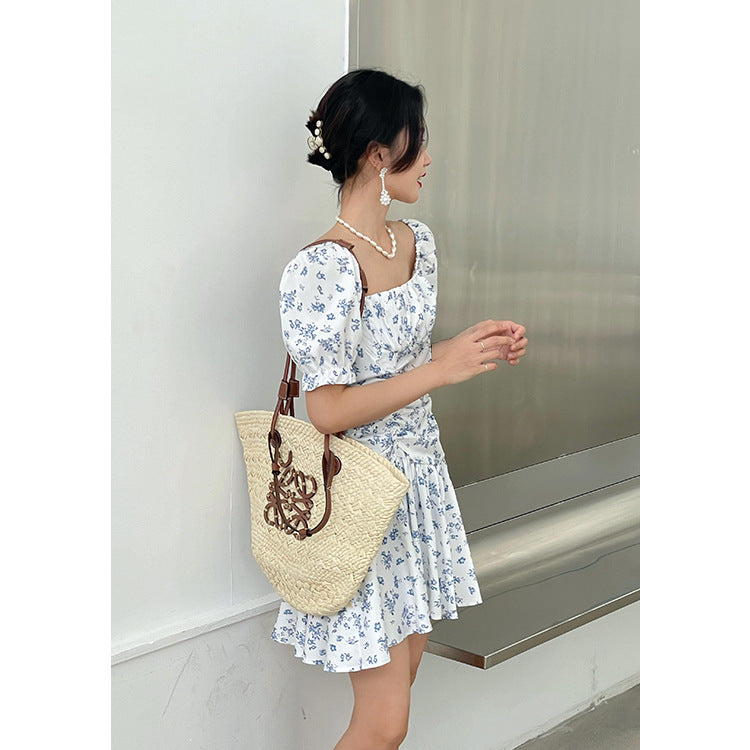 French Slim Puff Sleeve Square Neck Dress Floral Waist Skirt