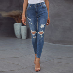 European American Summer New Casual Worn High Waist Cropped Pants Ripped Jeans