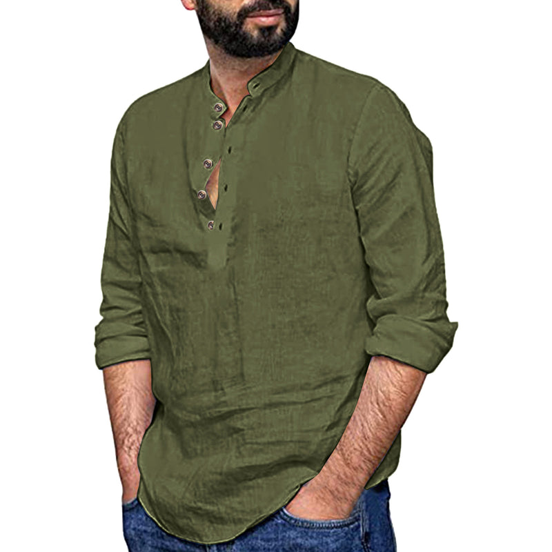 Men's Casual Cozy Stand-up Collar Cotton Linen Long-sleeved Shirt