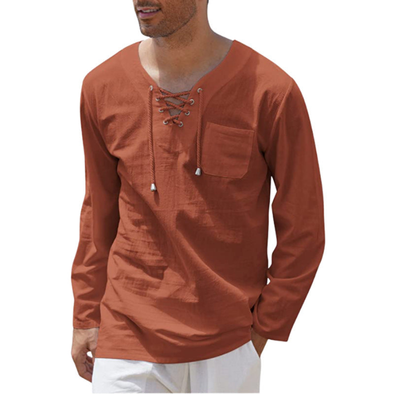 Men's Fashion Casual Lace Up Long Sleeve Shirt