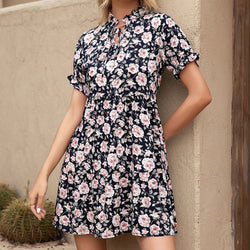 Women's Floral Printed Short Sleeve Dress With Wooden Ears