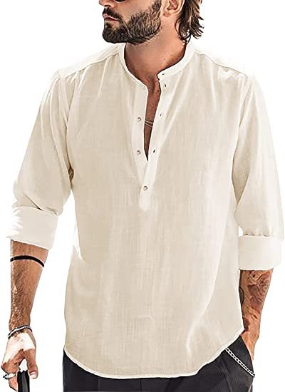 Men's Casual Cozy Stand-up Collar Cotton Linen Long-sleeved Shirt