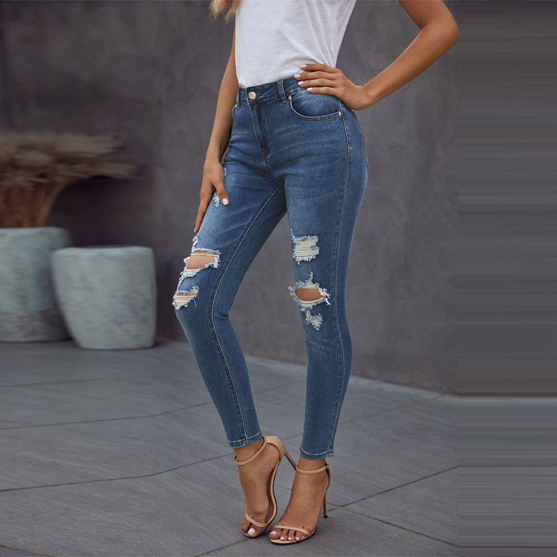 European American Summer New Casual Worn High Waist Cropped Pants Ripped Jeans