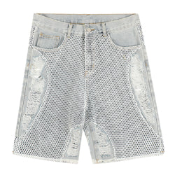 Men's Perforated Mesh Patch Denim Shorts