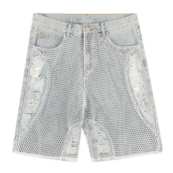 Men's Perforated Mesh Patch Denim Shorts