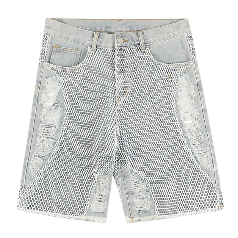 Men's Perforated Mesh Patch Denim Shorts