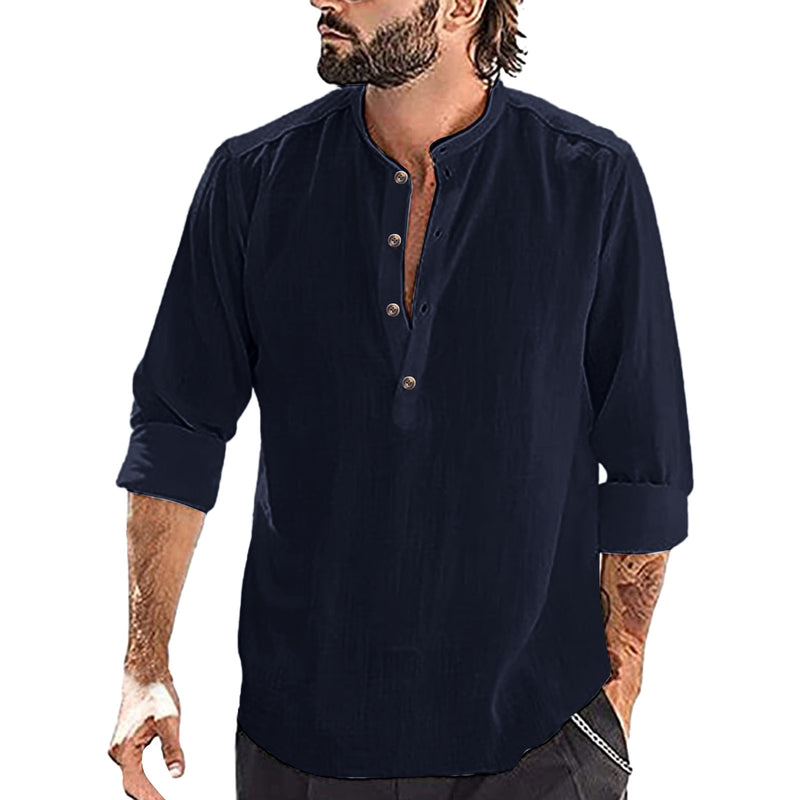 Men's Casual Cozy Stand-up Collar Cotton Linen Long-sleeved Shirt