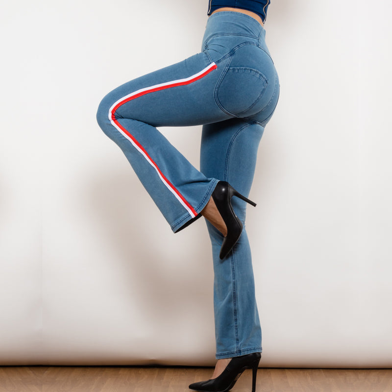 Shascullfites Melody Light Blue Flare Jeans Stretch Skinny Ripped Jeans With White&Red Stripe Side Scrunch Bum Pants