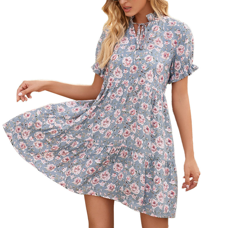 Women's Floral Printed Short Sleeve Dress With Wooden Ears