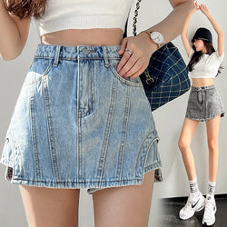 Irregular Stitching Retro High Waisted Denim Skirt