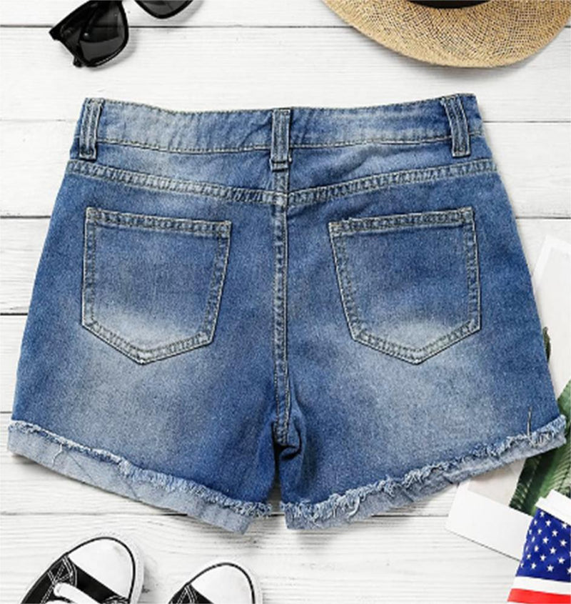 Flag Printed Patch Denim Shorts