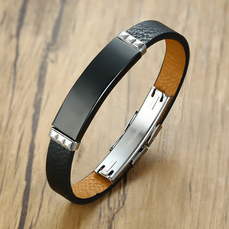 Stainless Steel Bent Leather Bracelet For Men