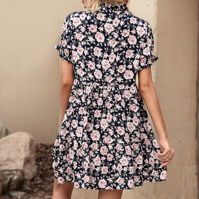 Women's Floral Printed Short Sleeve Dress With Wooden Ears