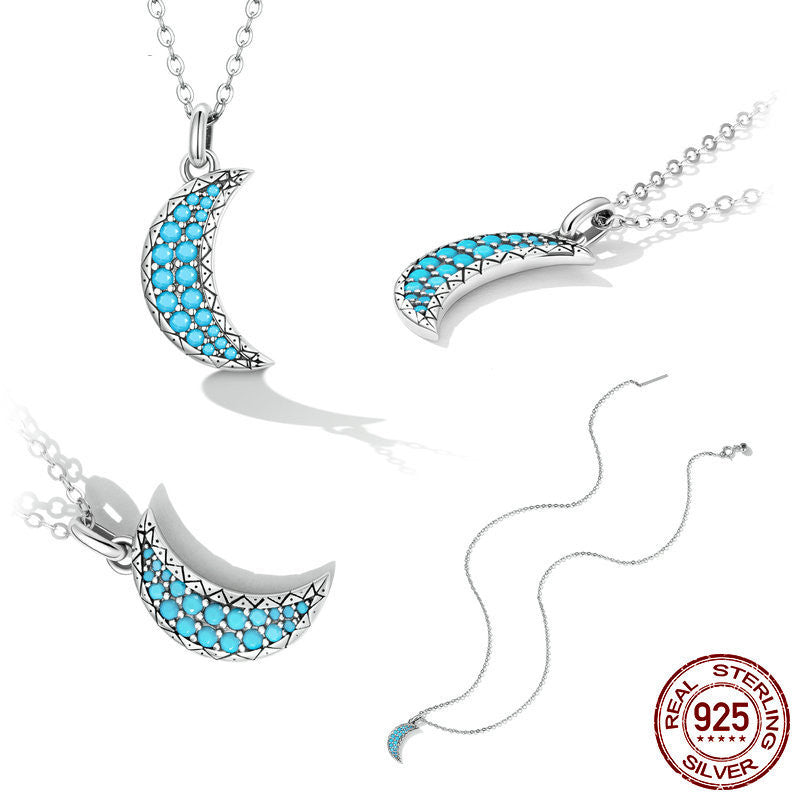 Simple Pattern Zircon Sterling Silver S925 Turquoise Moon Necklace