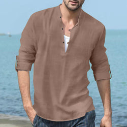 Men's Linen Henley Stand Collar Long Sleeve