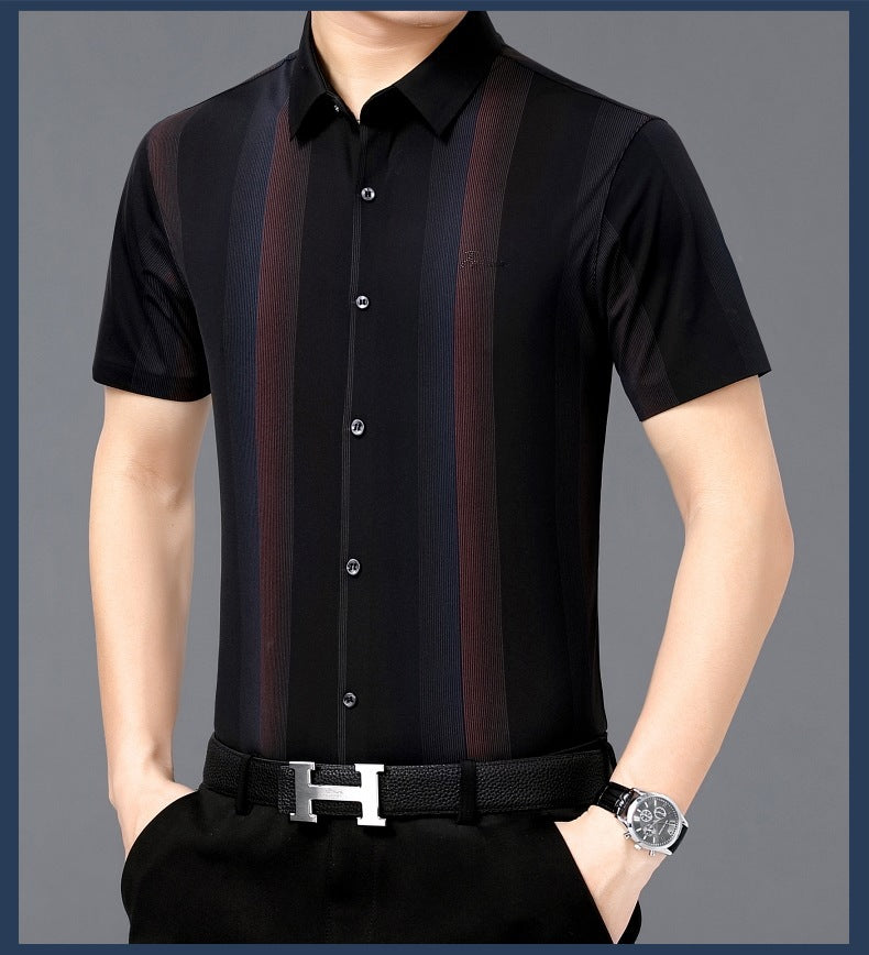 Summer New Men's Shirt Daily Casual Loose Lapel Stripe Contrast Color