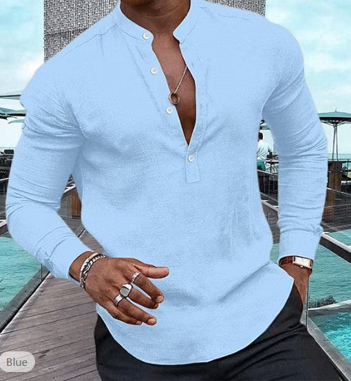 Men's Shirt Casual Long Sleeve Solid Color Cotton Linen Henley Top