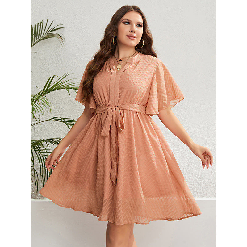 Women's Orange V-neck Lace Up Waist Dress