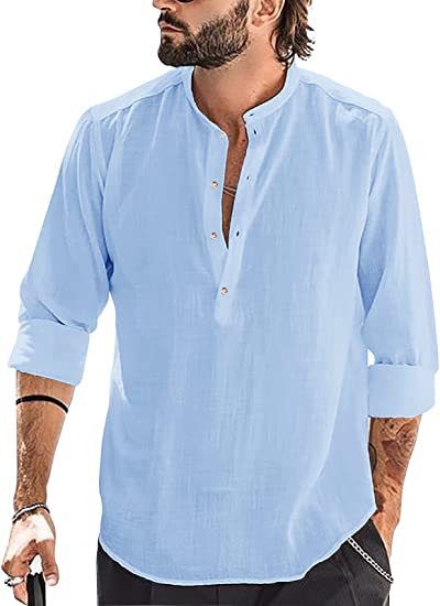 Men's Casual Cozy Stand-up Collar Cotton Linen Long-sleeved Shirt