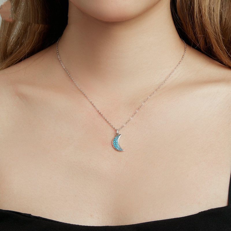 Simple Pattern Zircon Sterling Silver S925 Turquoise Moon Necklace