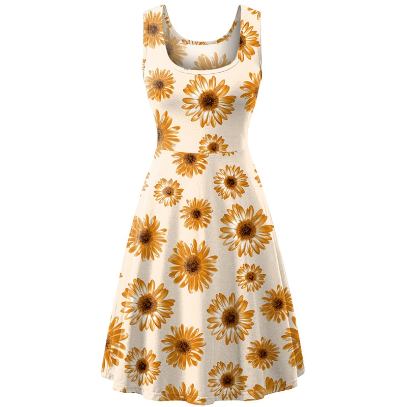 Women's Sleeveless Floral Midi Dress Casual Flared Tank Dress