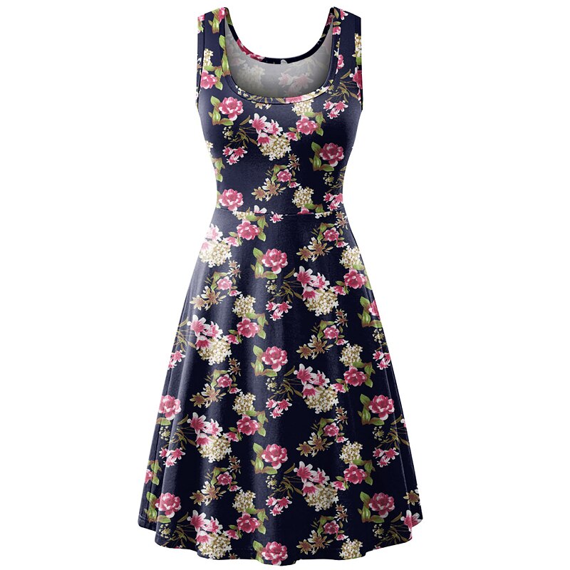 Women's Sleeveless Floral Midi Dress Casual Flared Tank Dress