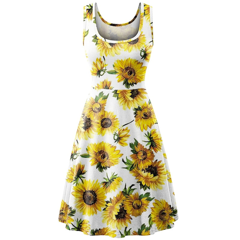 Women's Sleeveless Floral Midi Dress Casual Flared Tank Dress