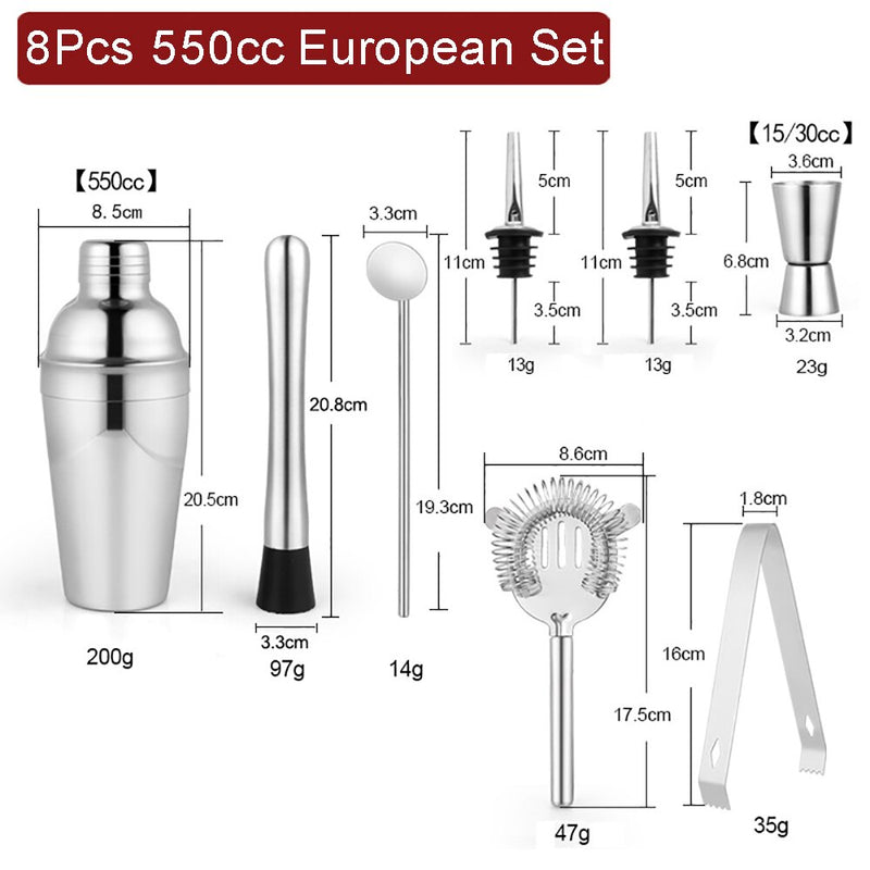 550/750ml Stainless Steel Cocktail Shaker Set Mixer