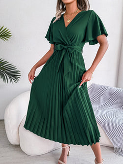 Women Summer Casual V Neck Short Sleeve Pleated Chiffon Maxi Dress