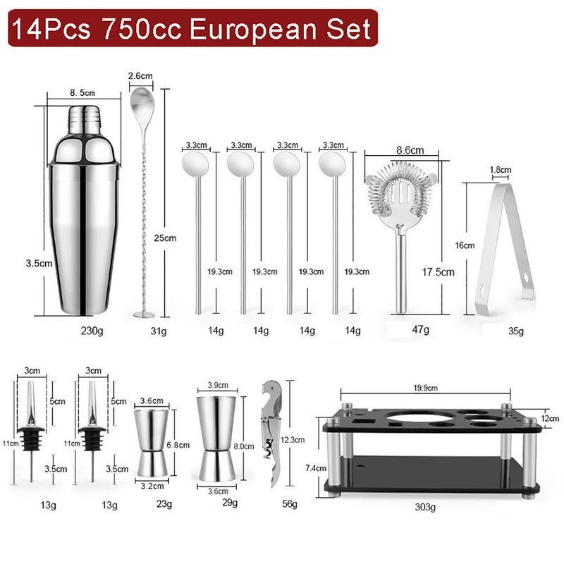 550/750ml Stainless Steel Cocktail Shaker Set Mixer