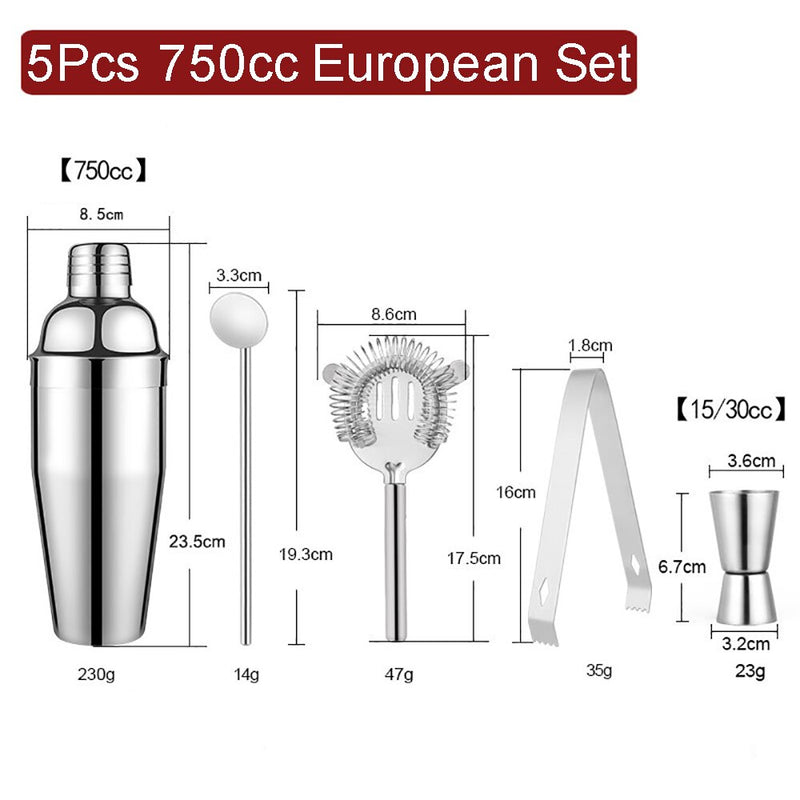 550/750ml Stainless Steel Cocktail Shaker Set Mixer